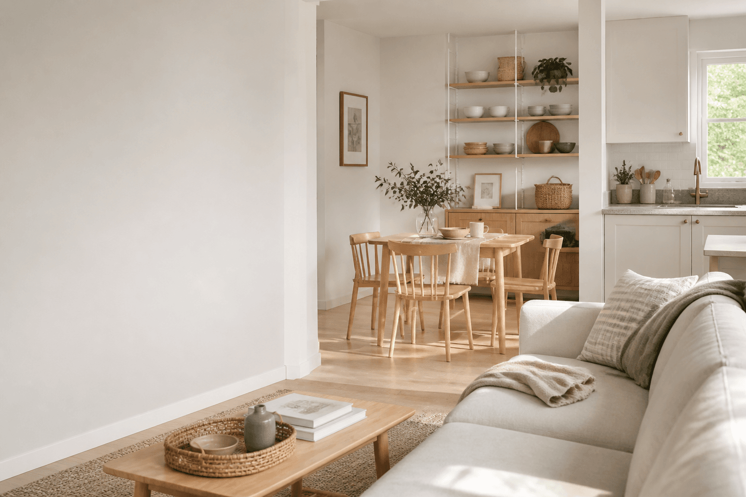 A calm, organized living and dining space designed for everyday life